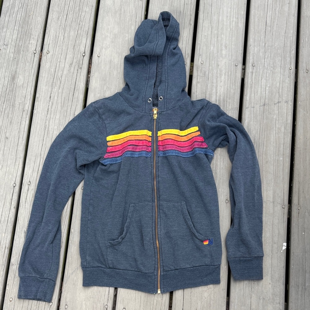 Aviator Nation Navy Hoodie with Rainbow Stripes